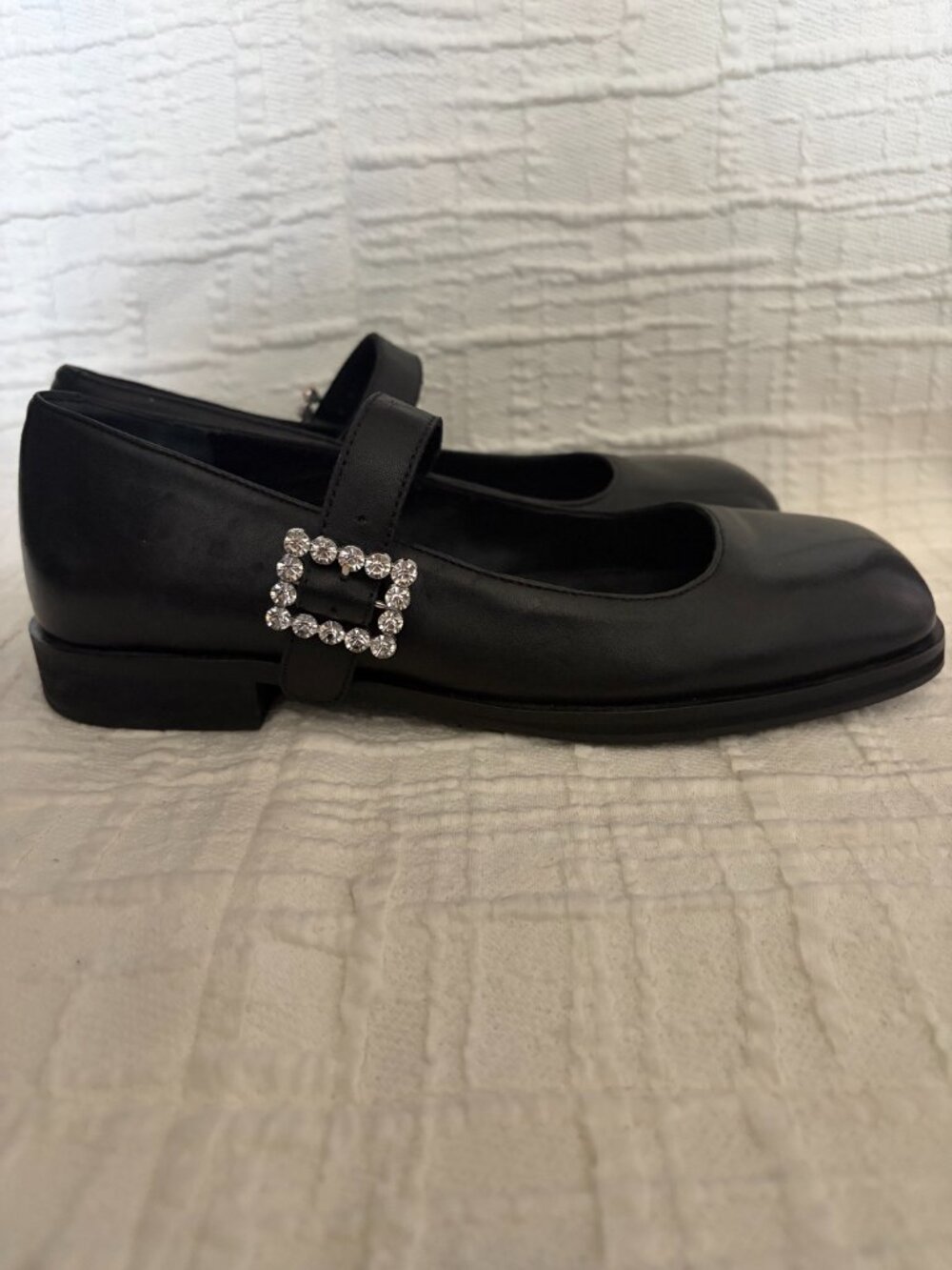 Free People Black Mary Jane Flats with Silver Crystal Buckle Accent -Sz 8